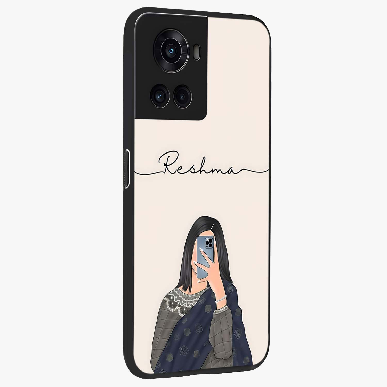 Mirror Mood Muse With Custom Name Glass Case for 1+10R side perspective highlighting custom text detailing and premium edges