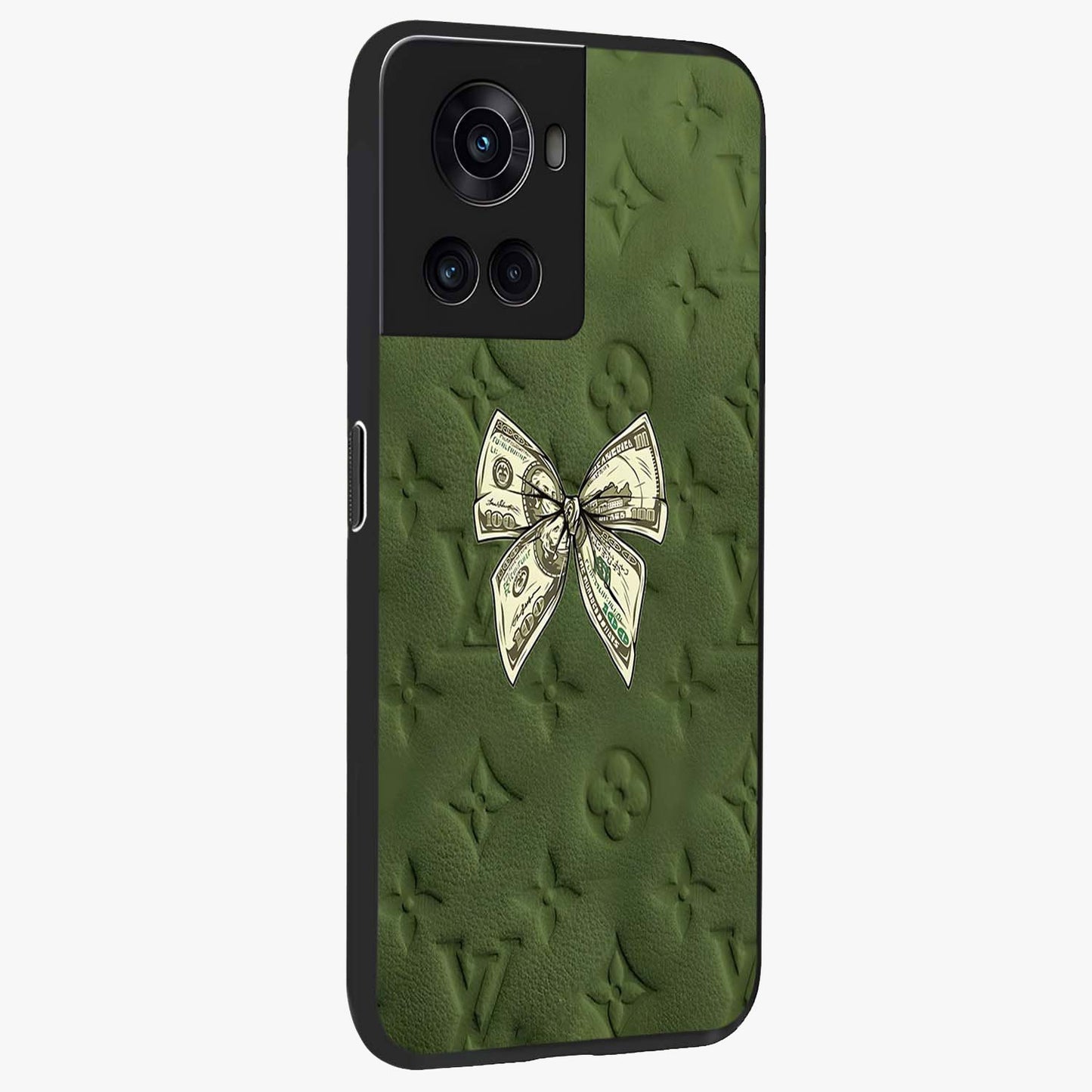 Money Bow Lv Glass Case for 1+10R side perspective highlighting stylish textures and sleek build