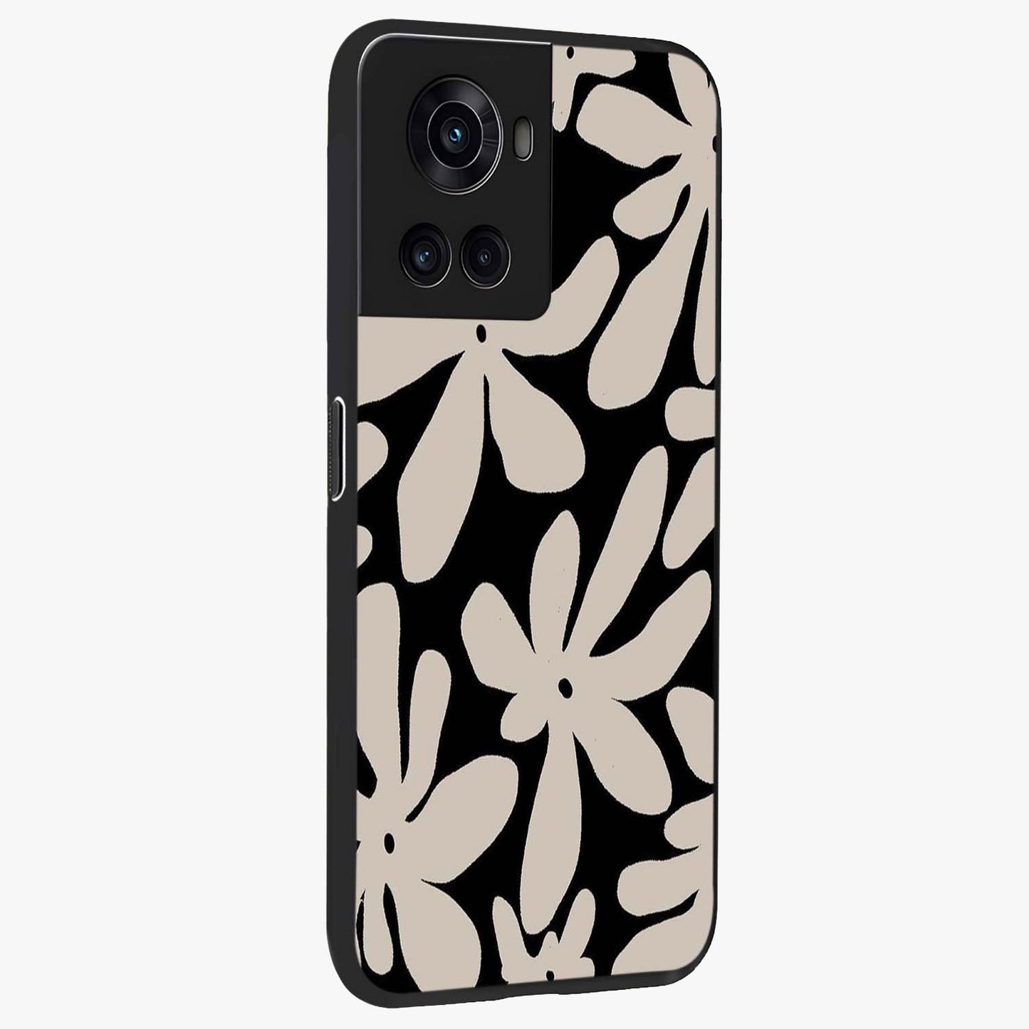 Monochrome Petal Dance Glass Case for 1+10R side perspective highlighting refined textures and premium edges
