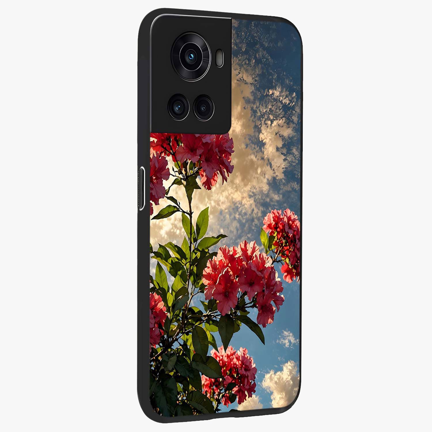 Moonlit Blossom Charm Glass Case for 1+10R side perspective highlighting refined floral textures and premium edges