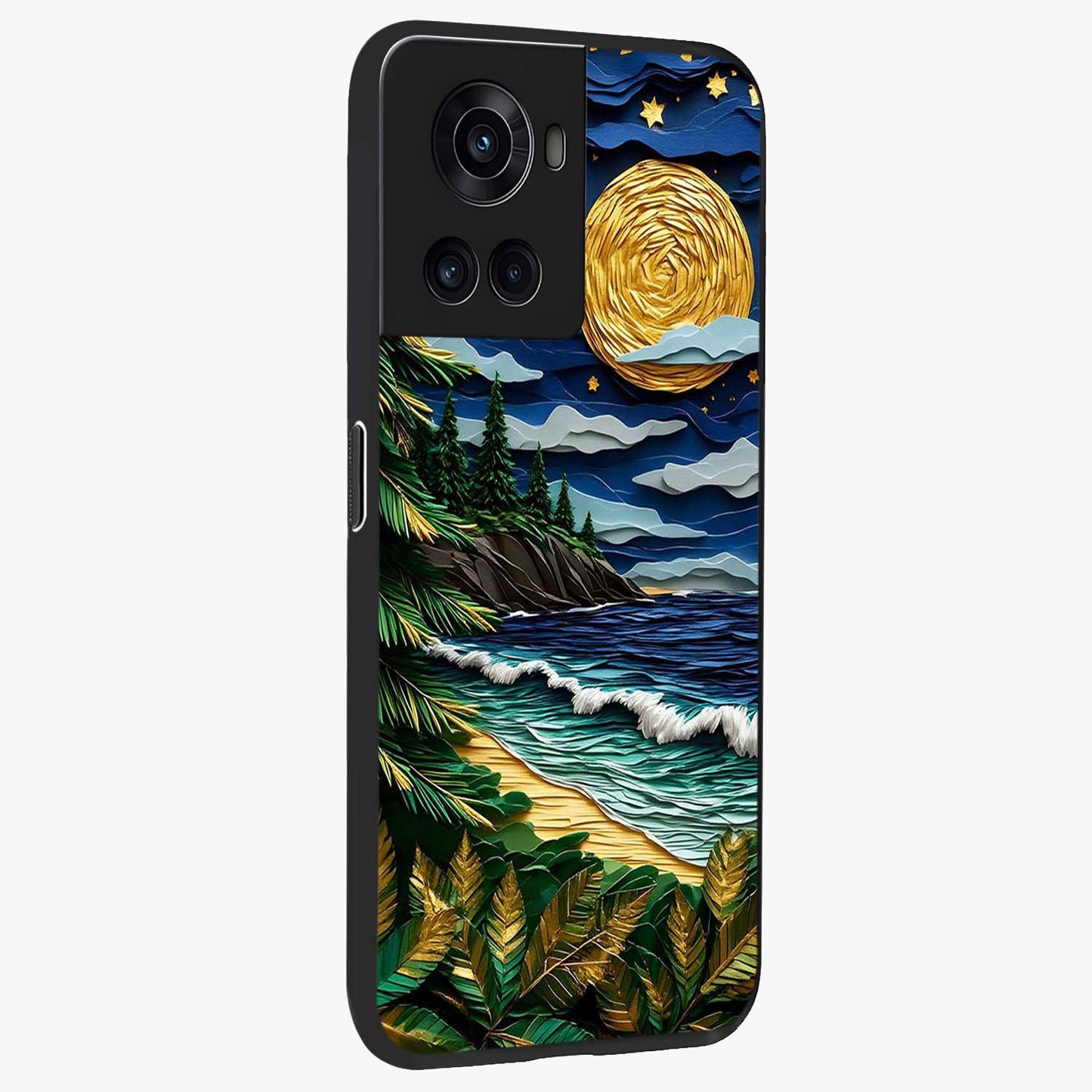 Moonlit Ocean Pines Glass Case for 1+10R side perspective highlighting serene landscape textures and premium edges