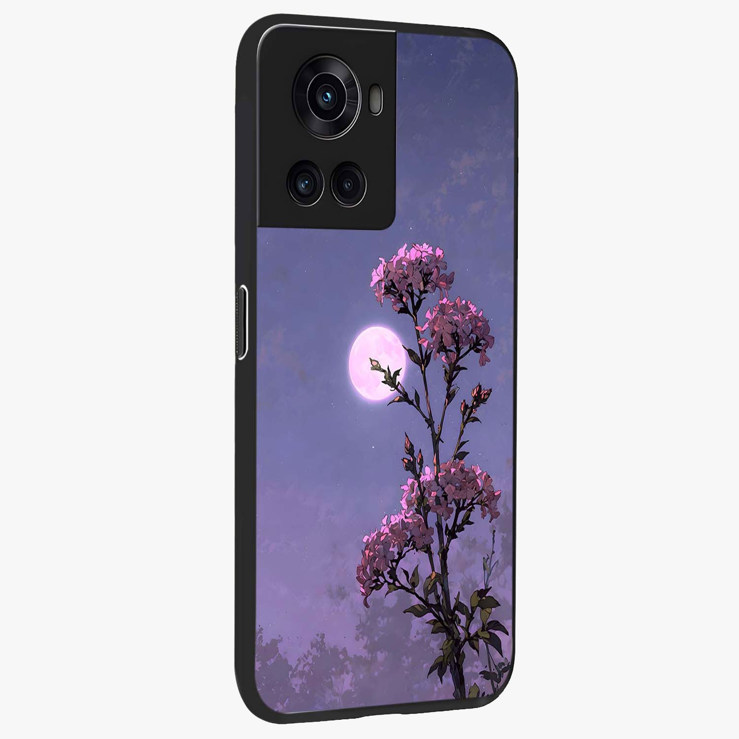 Moonlit Petal Night Glass Case for 1+10R side perspective highlighting graceful petal textures and smooth build