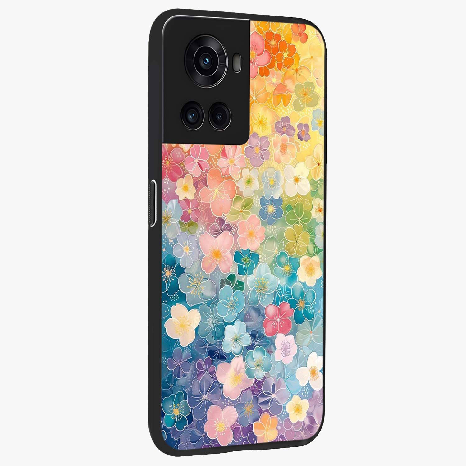 Multiple Background With Flower Glass Case for 1+10R side perspective highlighting rich floral textures and premium edges