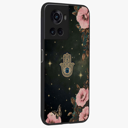 Mystic Bloom Protection Glass Case for 1+10R side perspective highlighting intricate bloom textures and sleek build