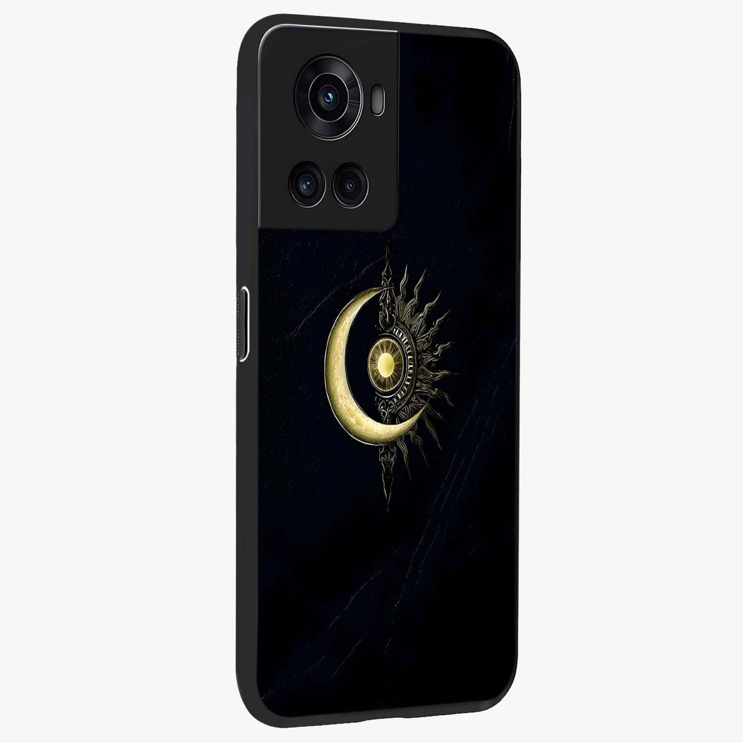 Mystic Lunar Flame Glass Case for 1+10R side perspective highlighting intense flame textures and premium build