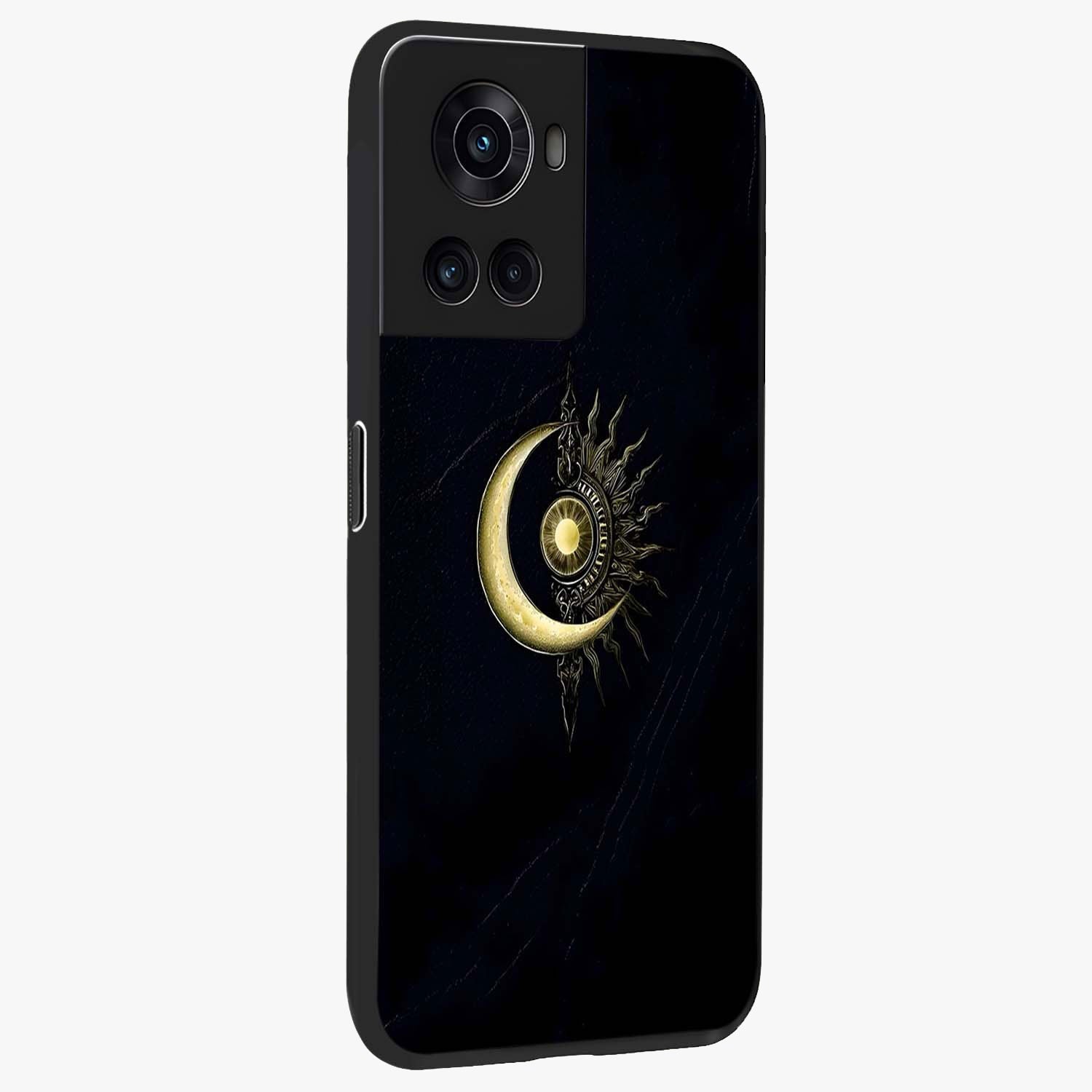 Mystic Lunar Flame Glass Case for 1+10R side perspective highlighting intense flame textures and premium build