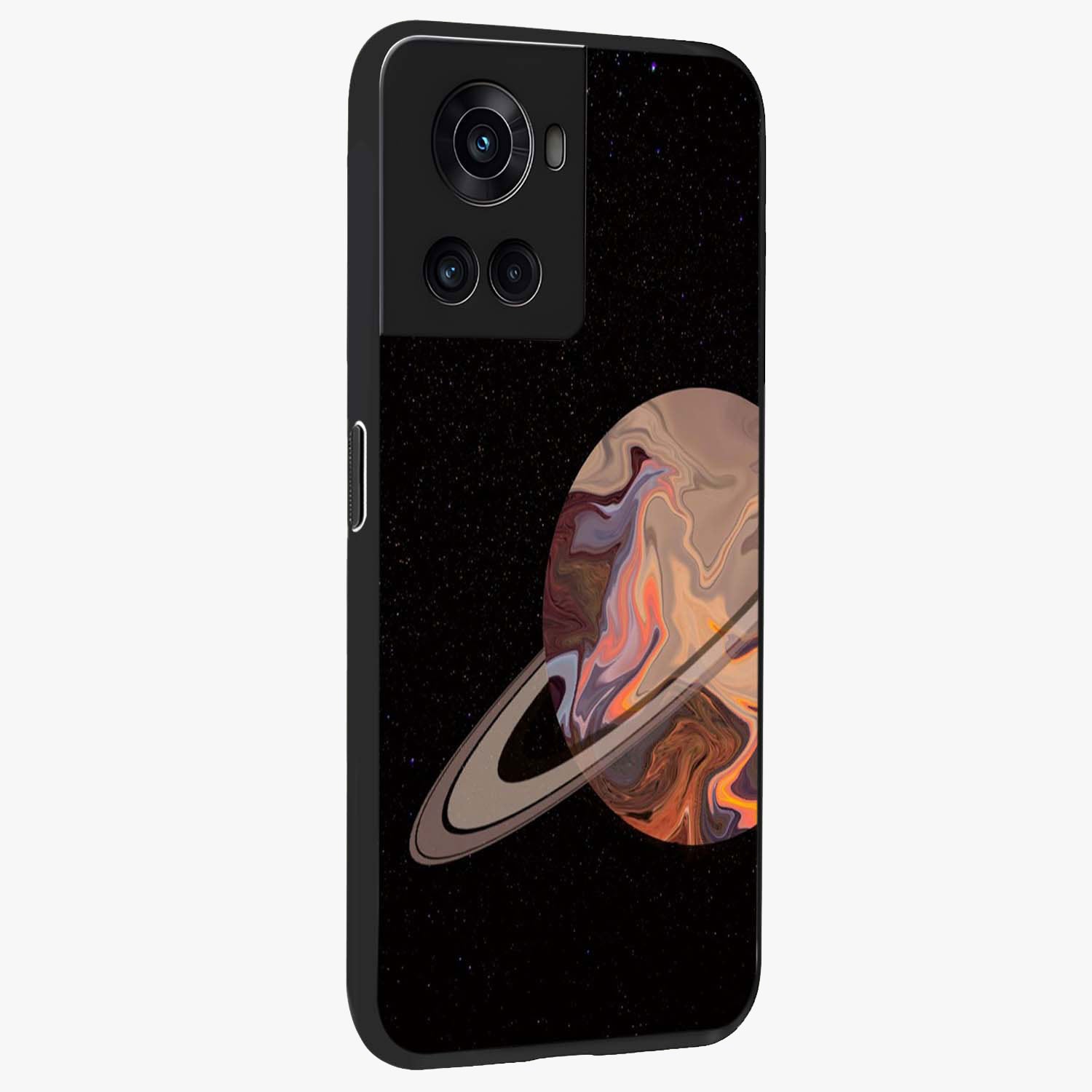 Mystic Saturn Aesthetic Glass Case for 1+10R side perspective highlighting planetary detailing and premium edge finish