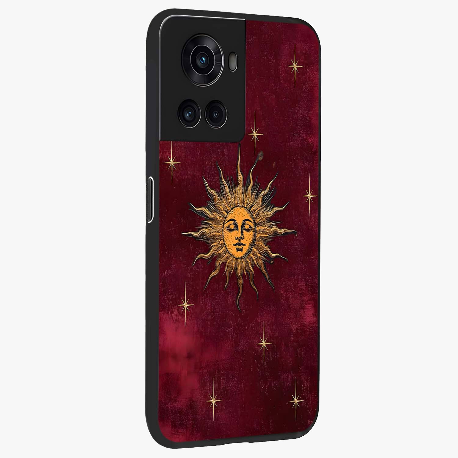 Mystic Solar Glow Glass Case for 1+10R side perspective highlighting luminous detailing and premium edges