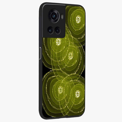 Neon Orbit Bloom Marble Glass Case for 1+10R side perspective highlighting luminous textures and premium edges