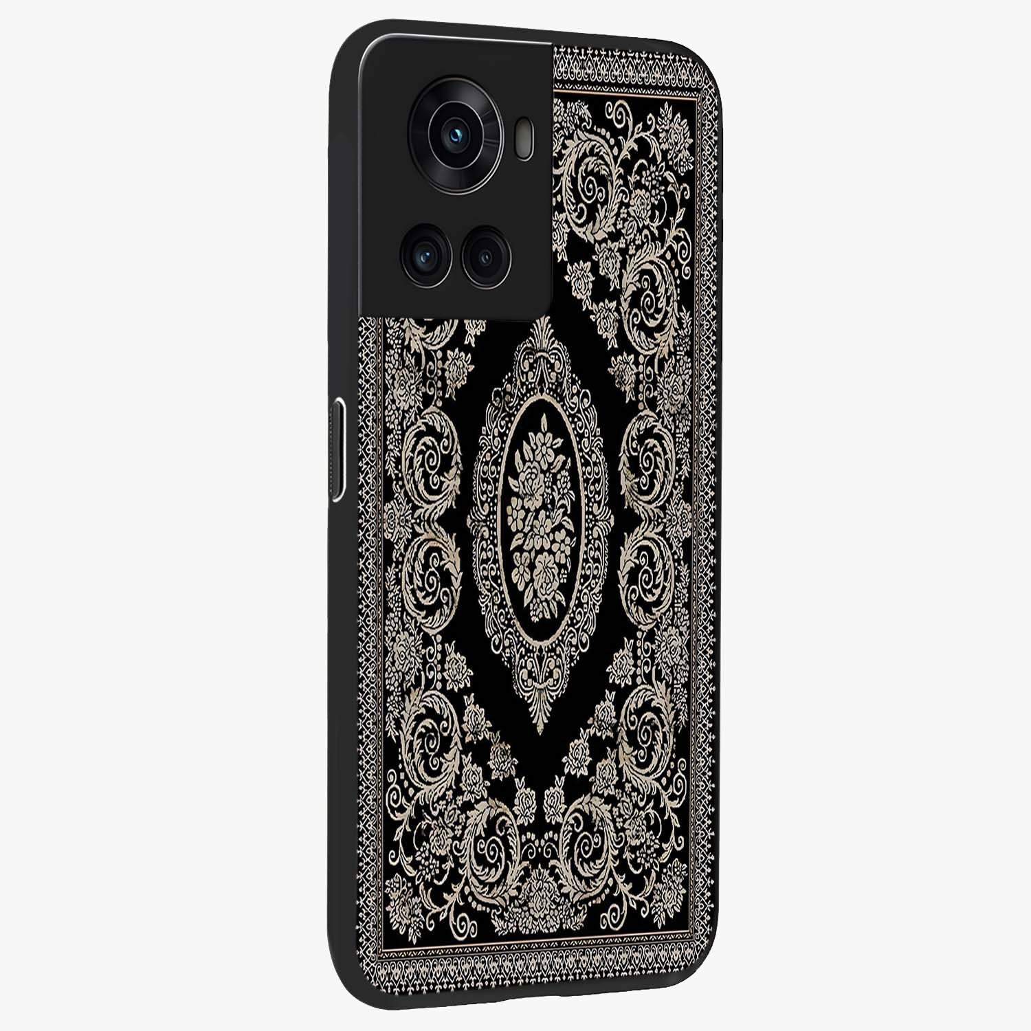 Noir Bloom Elegance Glass Case for 1+10R side perspective highlighting subtle textures and sleek premium build