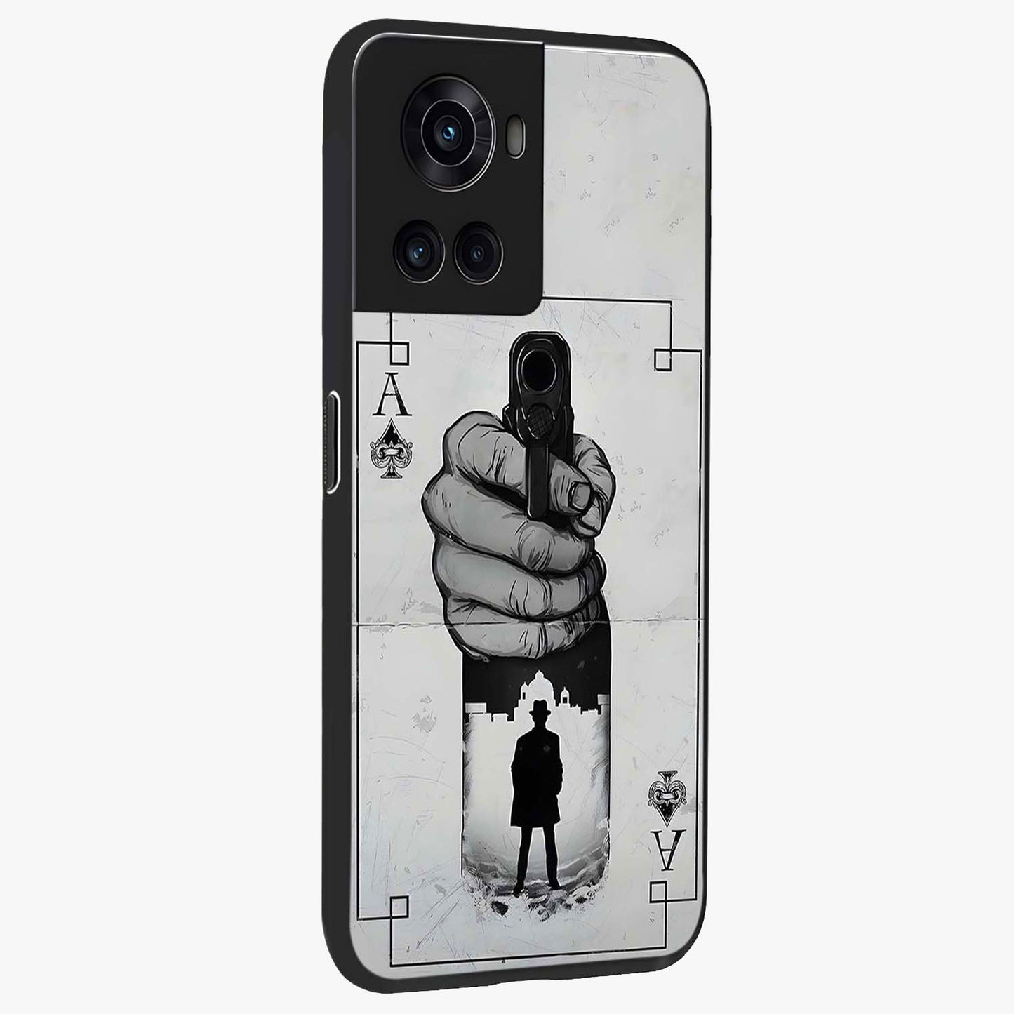 Noir Trigger Fate Glass Case for 1+10R side perspective highlighting strong contrast textures and premium edges