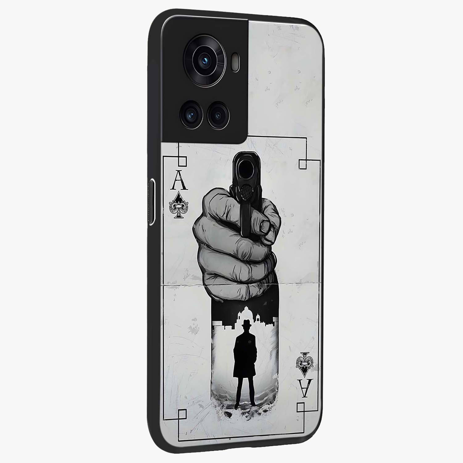 Noir Trigger Fate Glass Case for 1+10R side perspective highlighting strong contrast textures and premium edges
