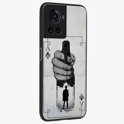 Noir Trigger Fate Glass Case for 1+10R side perspective highlighting strong contrast textures and premium edges