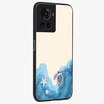 Ocean Drift Turtle Glass Case for 1+10R side perspective highlighting aquatic textures and premium edges