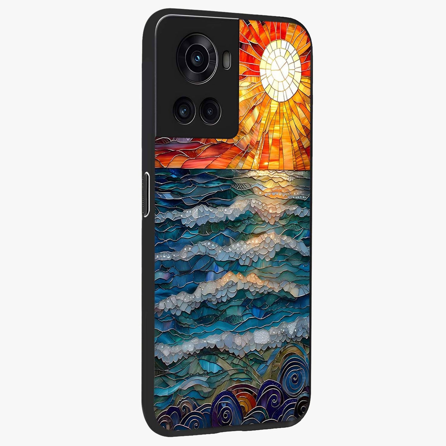Oceanic Stained Printed Glass Case for 1+10R side perspective highlighting detailed textures and premium edges