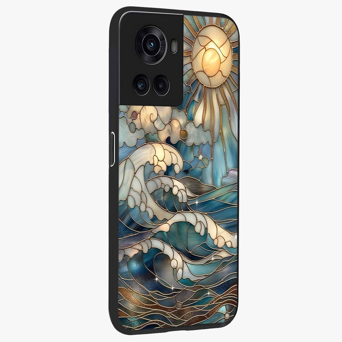 Ocean Mosaic Art Glass Case for 1+10R side perspective highlighting intricate tile textures and smooth build
