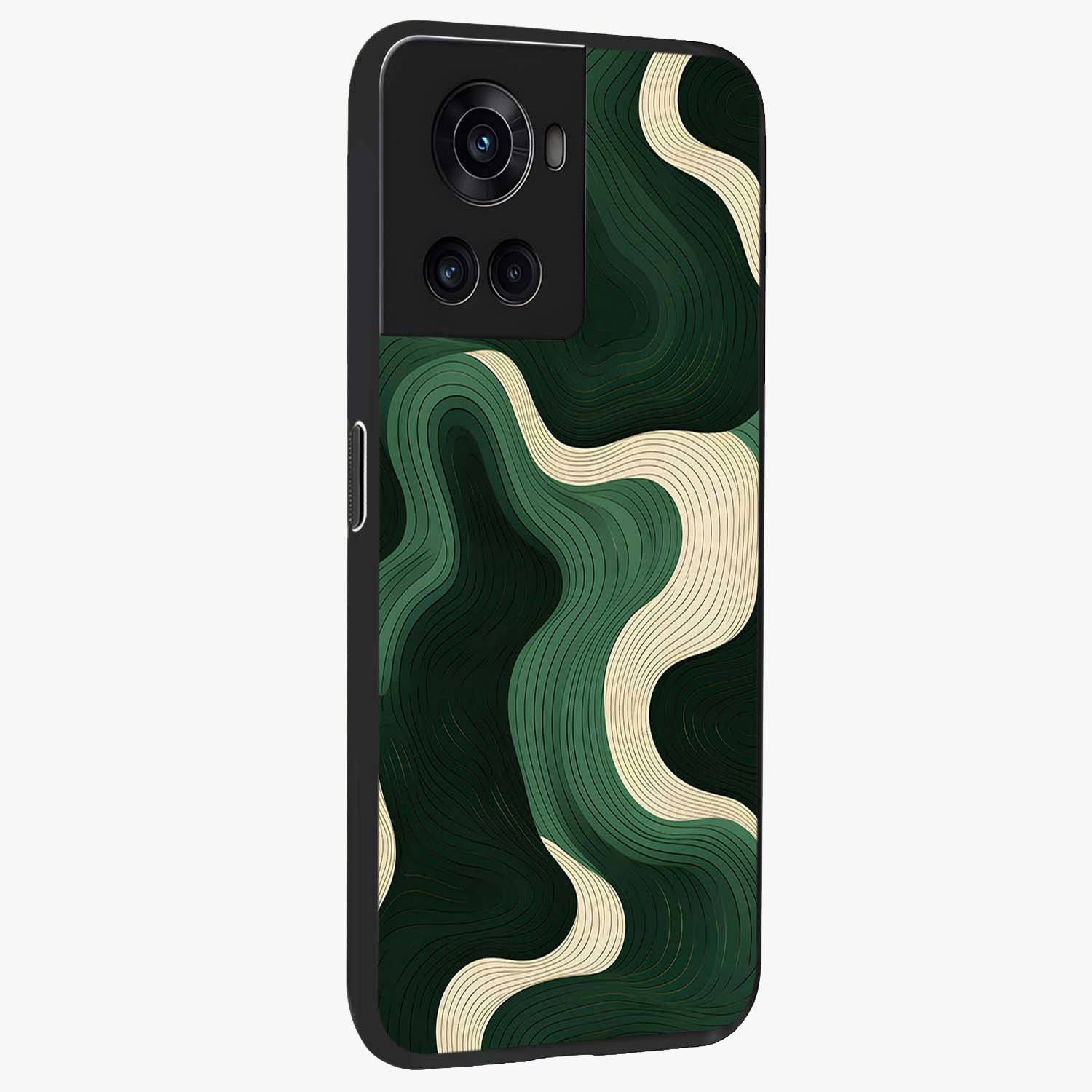Organic Swirl Design Glass Case for 1+10R side perspective highlighting fluid textures and premium edges