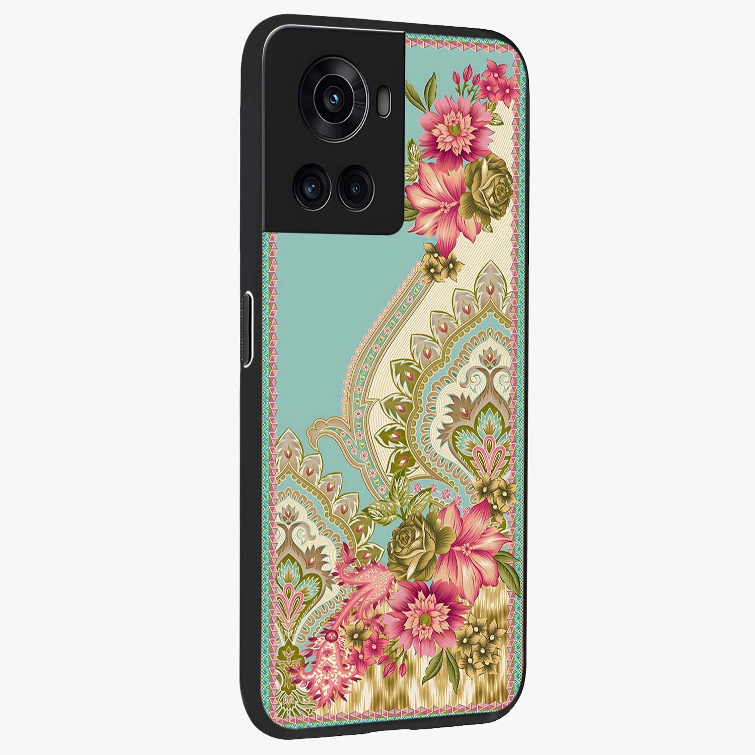 Ornate Mughal Floral Pattern Glass Case for 1+10R side perspective highlighting detailed ornamental textures and sleek build