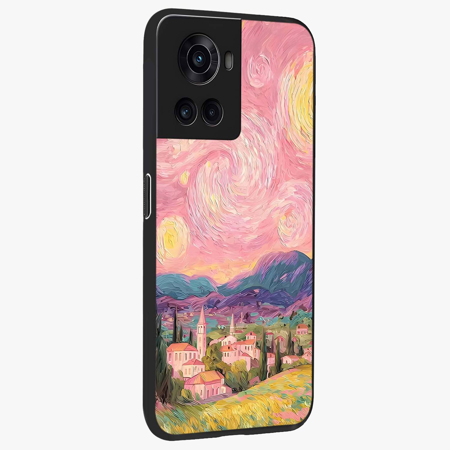 Pastel Starry Village Glass Case for 1+10R side perspective highlighting serene scenic textures and premium edges