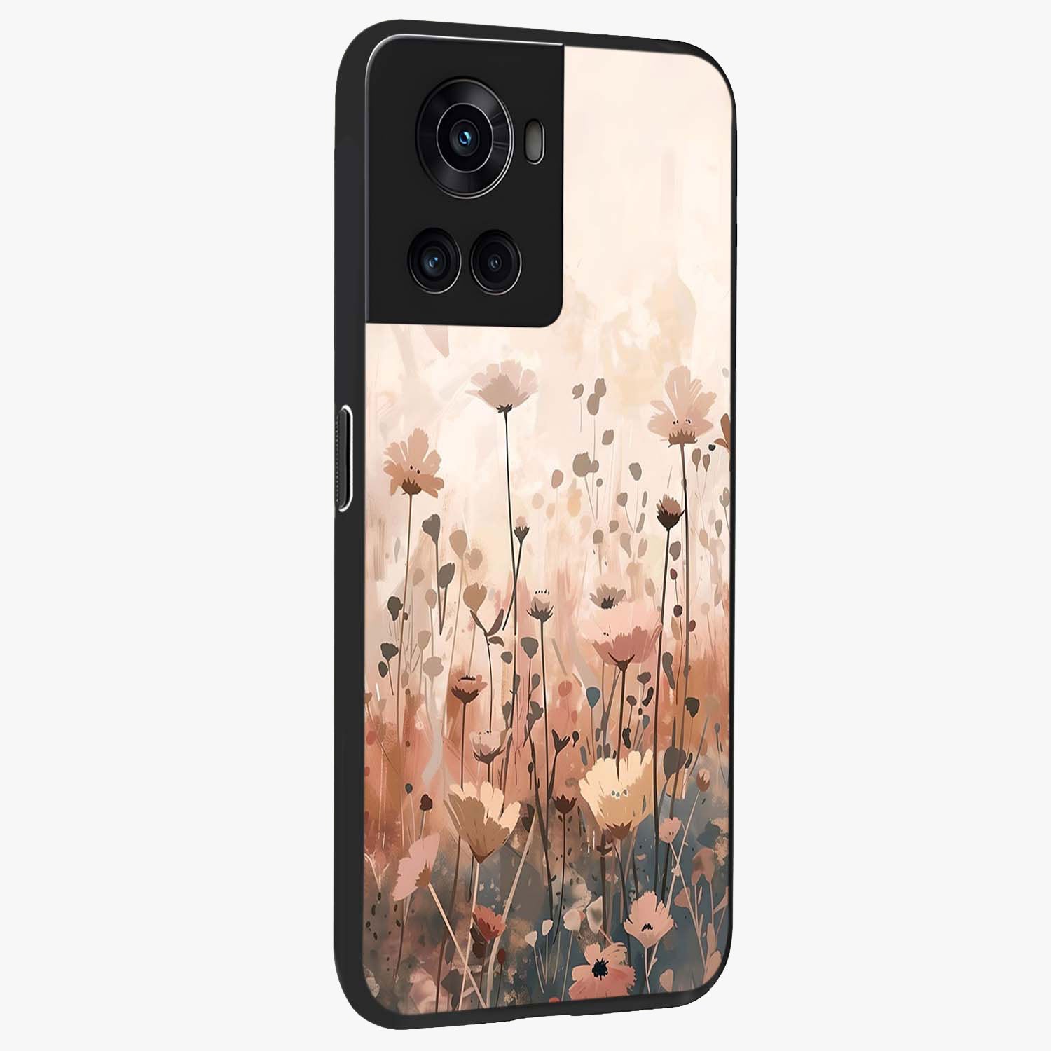 Pastel Wildflowers Glass Case for 1+10R side perspective highlighting vibrant bloom textures and smooth premium build
