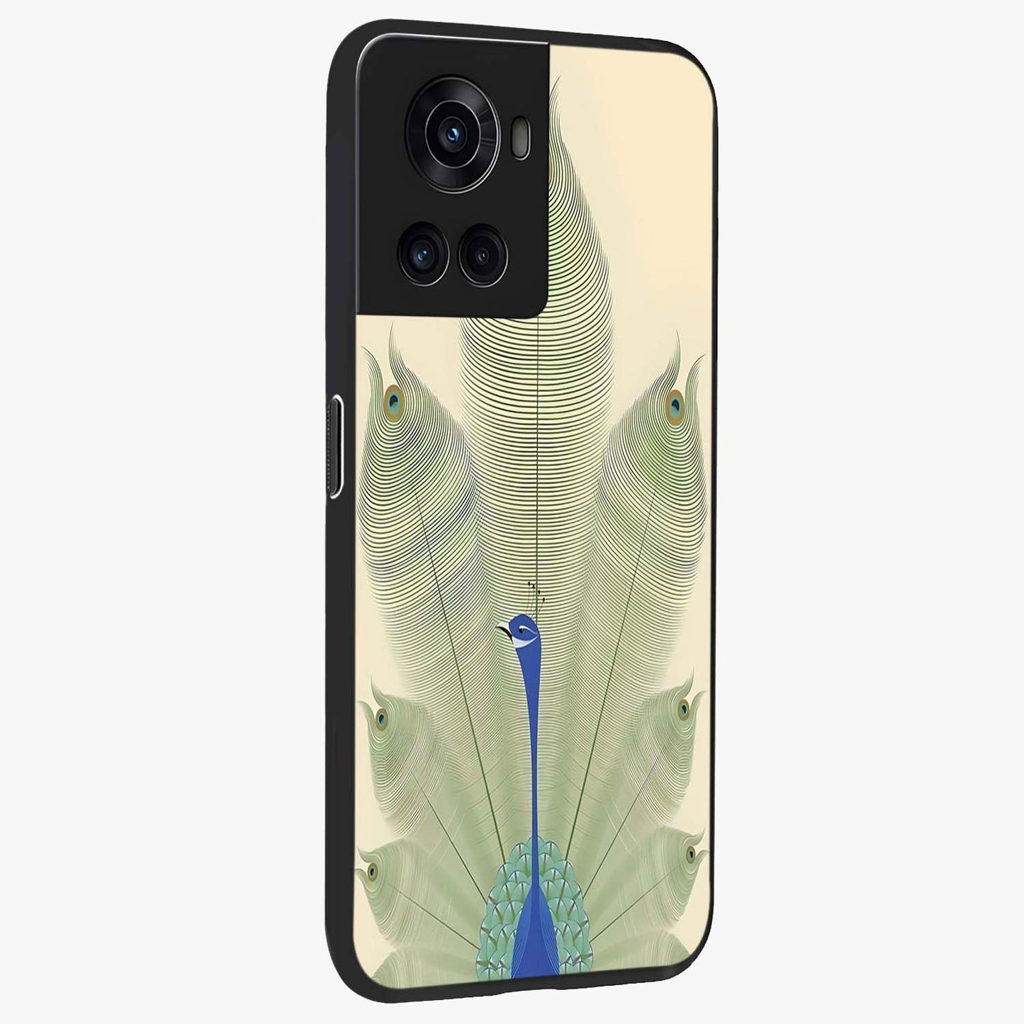 Peacock Feather Grace Glass Case for 1+10R side perspective highlighting intricate plume textures and premium edges