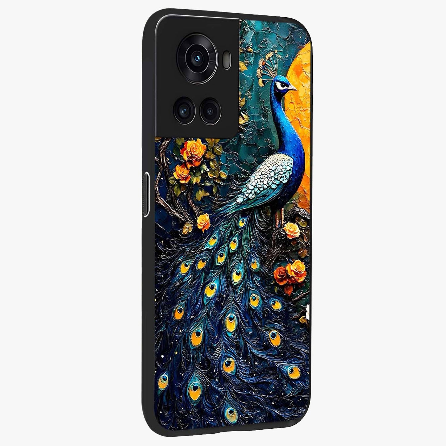 Peacock With Yellow Moon Glass Case for 1+10R side perspective highlighting vibrant plumage detailing and premium edges
