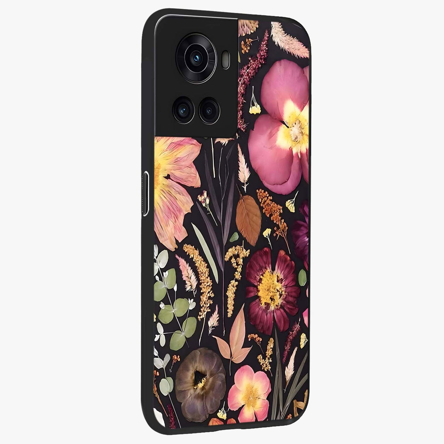Petal Dream Tapestry Glass Case for 1+10R side perspective highlighting woven floral textures and sleek build