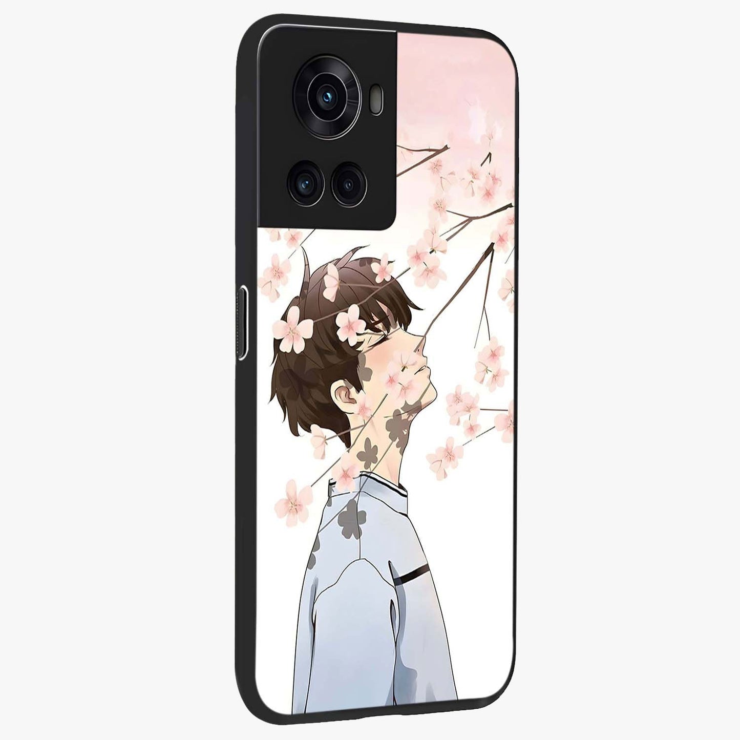 Pink Blossom Boy Glass Case for 1+10R side perspective highlighting delicate floral textures and sleek build