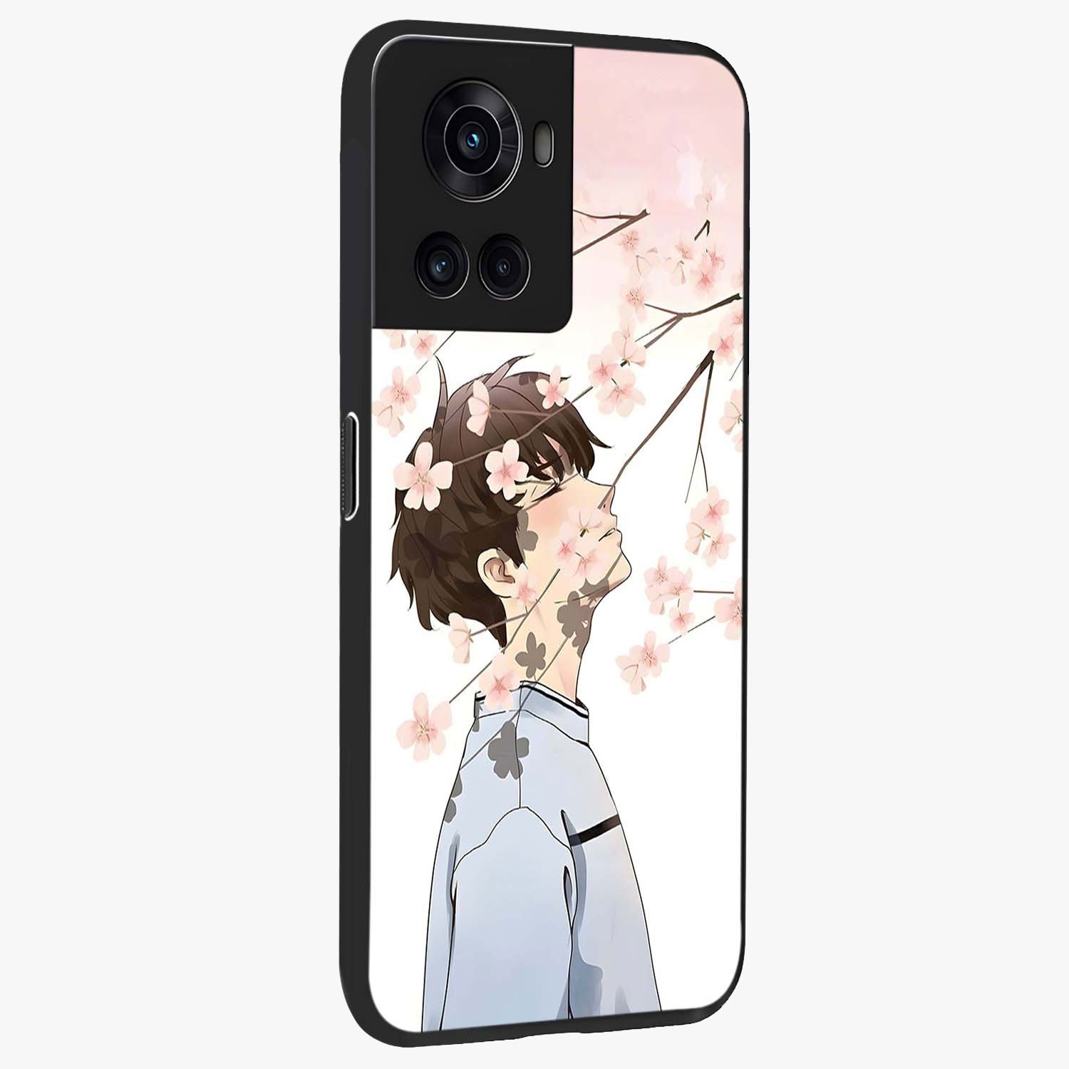 Pink Blossom Boy Glass Case for 1+10R side perspective highlighting delicate floral textures and sleek build