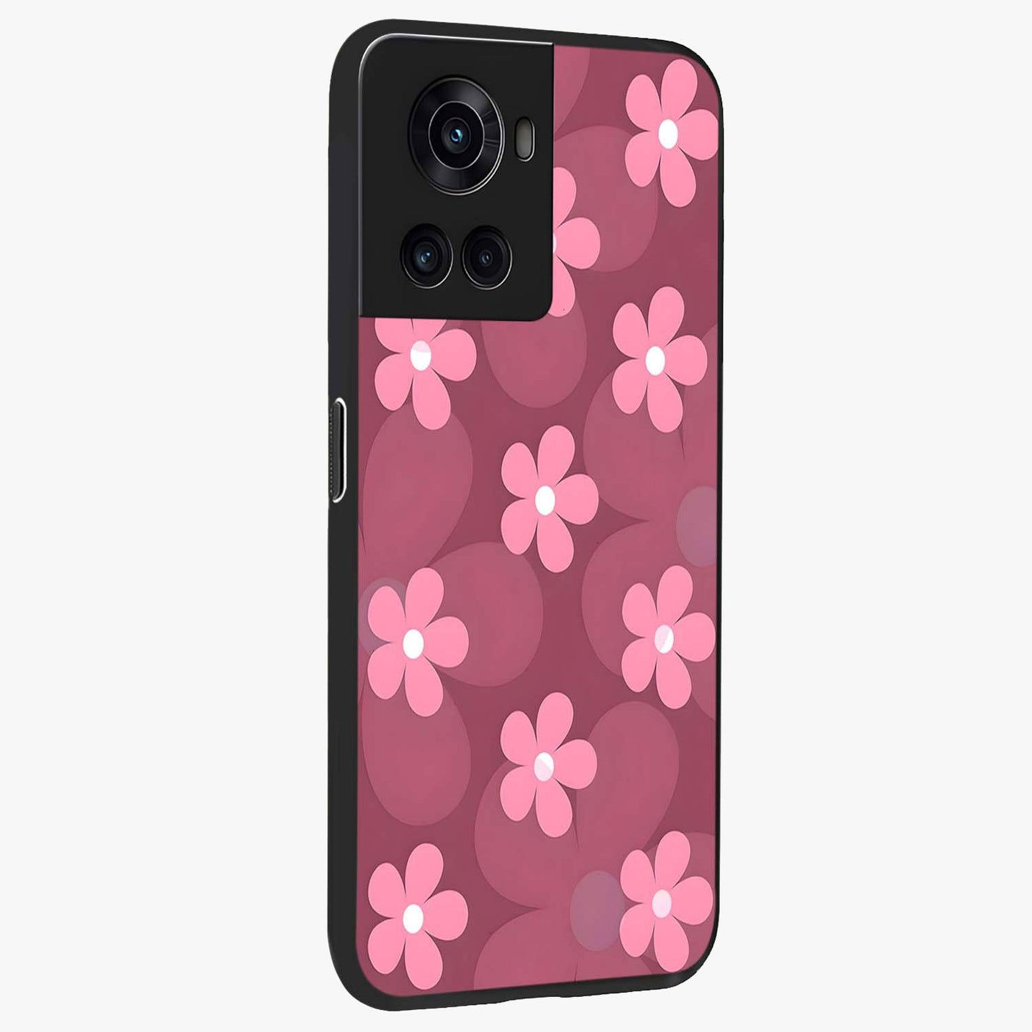 Pink Daisy Flower Pattern Glass Case for 1+10R side perspective highlighting bright floral textures and smooth build