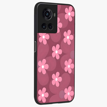 Pink Daisy Flower Pattern Glass Case for 1+10R side perspective highlighting bright floral textures and smooth build