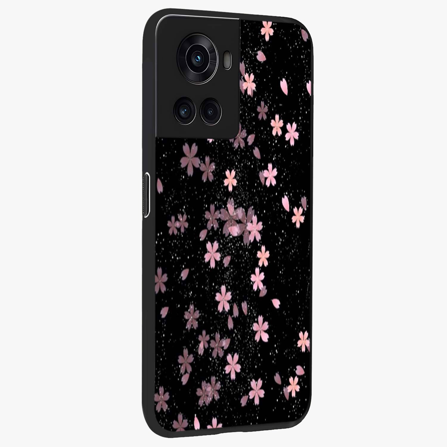 Pink Flower Black Background Glass Case for 1+10R side perspective highlighting vivid bloom textures and sleek build