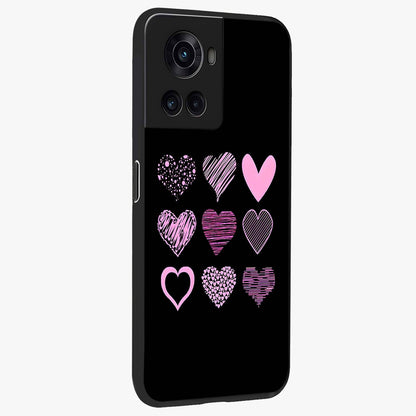 Pink Heart Aesthetic Glass Case for 1+10R side perspective highlighting smooth textures and premium edge finish