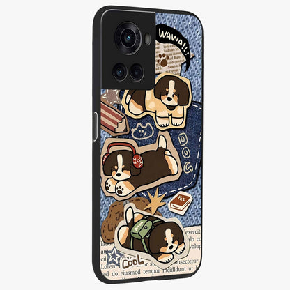 Puppy Sticker Parade Glass Case for 1+10R side perspective highlighting fun sticker textures and premium edges