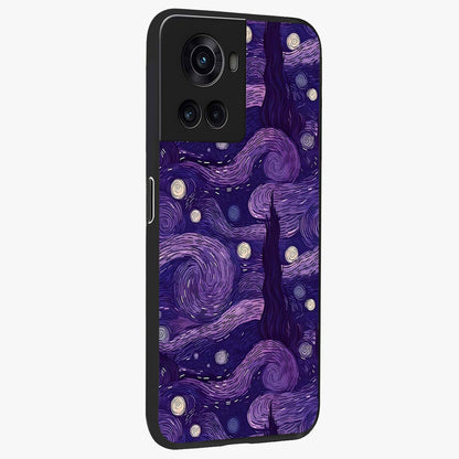 Purple Swirls Glass Case for 1+10R side perspective highlighting fluid textures and sleek premium build
