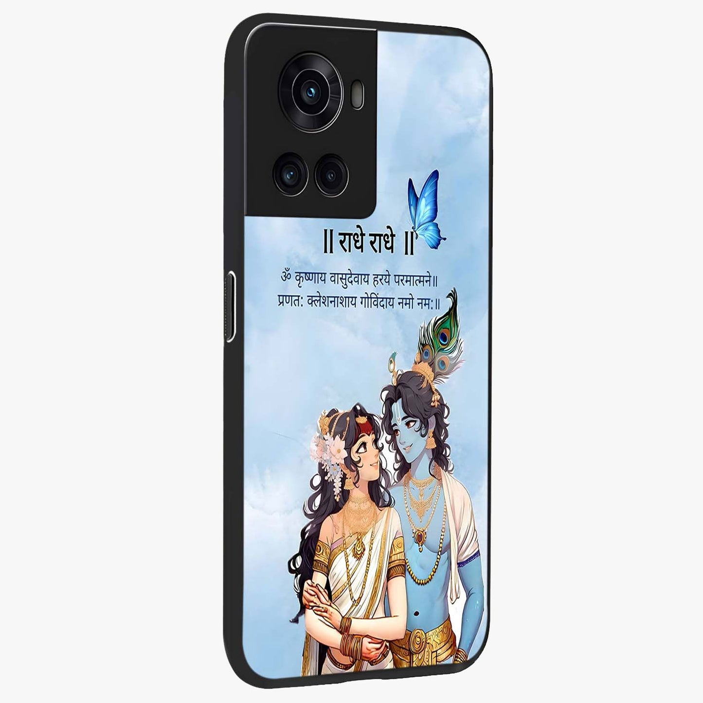 Radha Krishna Eternal Glass Case for 1+10R side perspective highlighting detailed illustration textures and smooth build