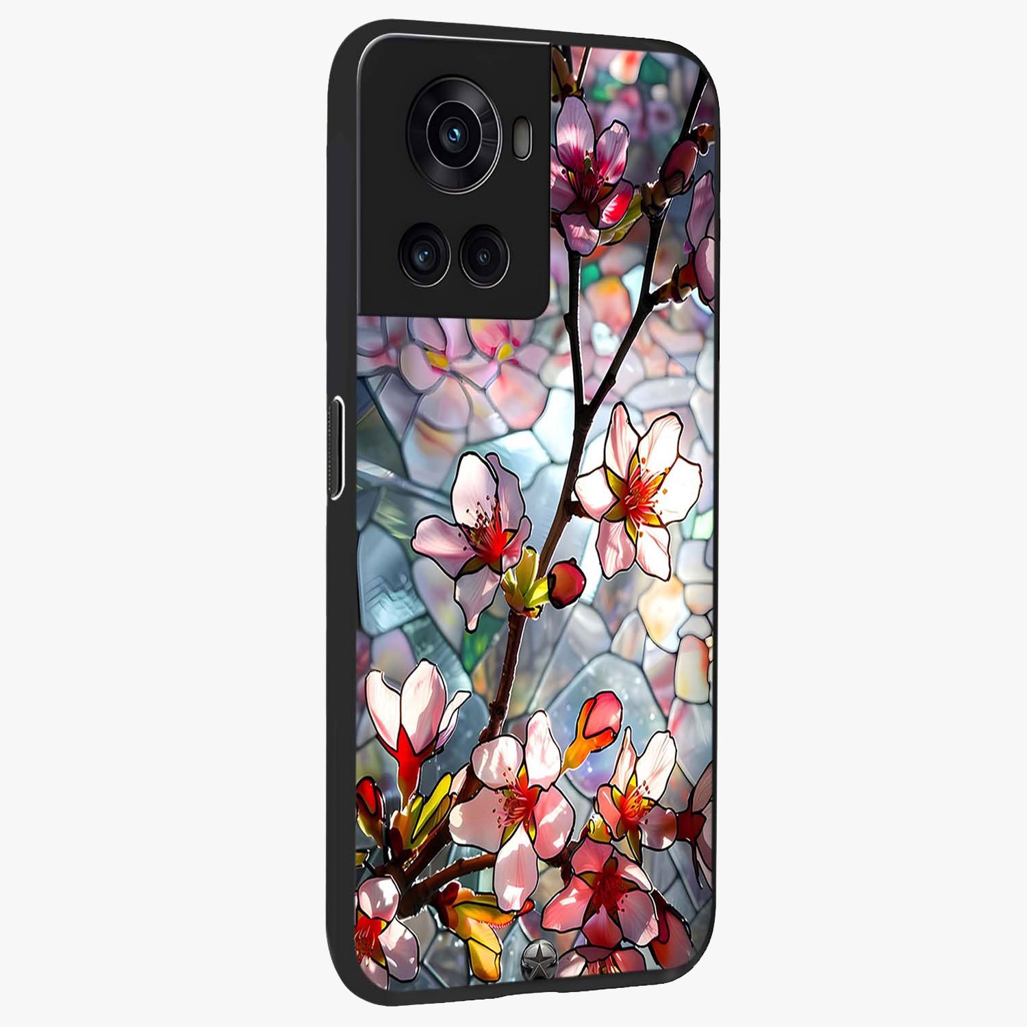 Radiant Bloom Glow Glass Case for 1+10R side perspective highlighting radiant textures and sleek premium build