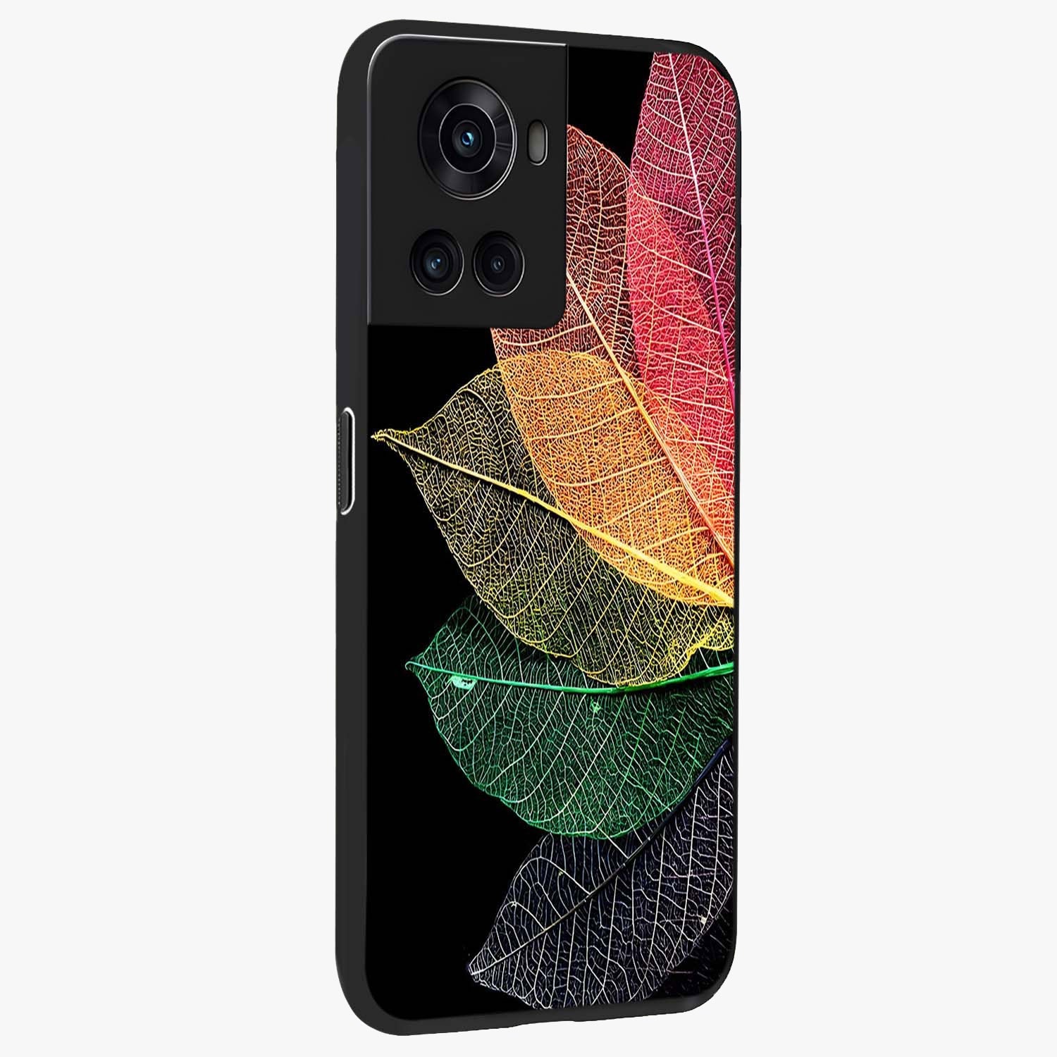 Rainbow Leaf Glow Glass Case for 1+10R side perspective highlighting bright detailing and premium edge finish