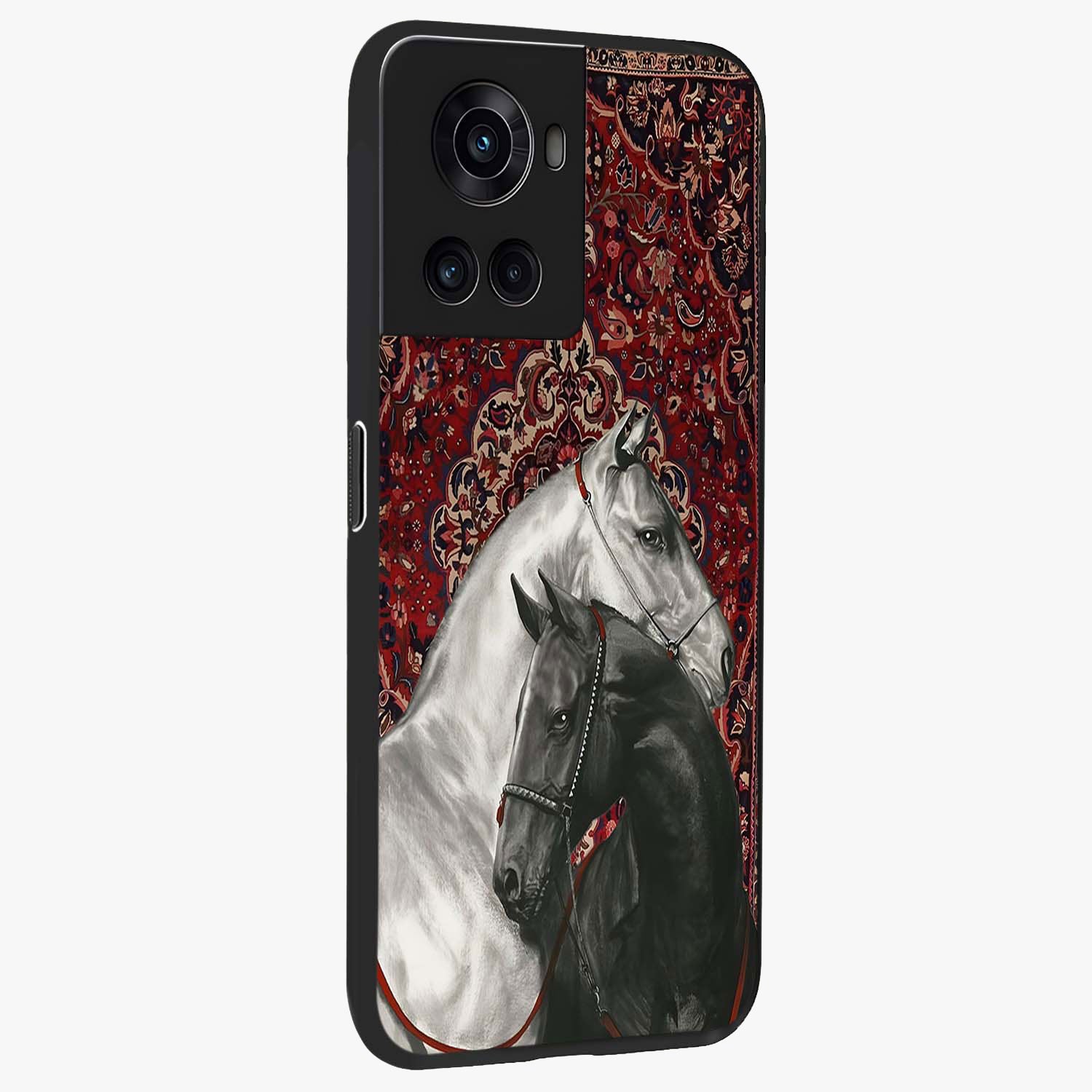 Regal Stallion Tapestry Glass Case for 1+10R side perspective highlighting intricate equestrian textures and premium edges