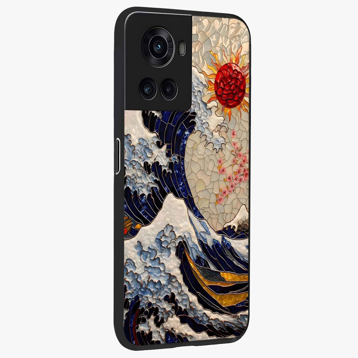 Rising Wave Glory Glass Case for 1+10R side perspective highlighting fluid wave textures and sleek premium build