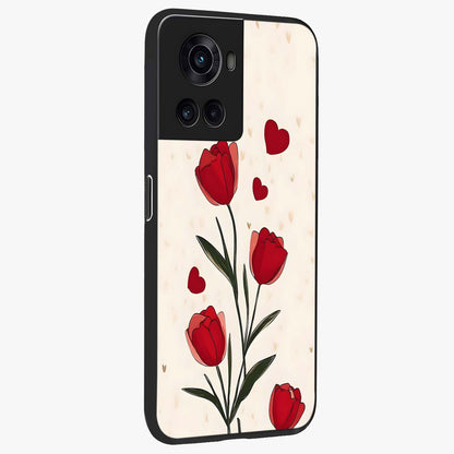 Romantic Tulip Hearts Glass Case for 1+10R side perspective highlighting delicate bloom textures and premium edges