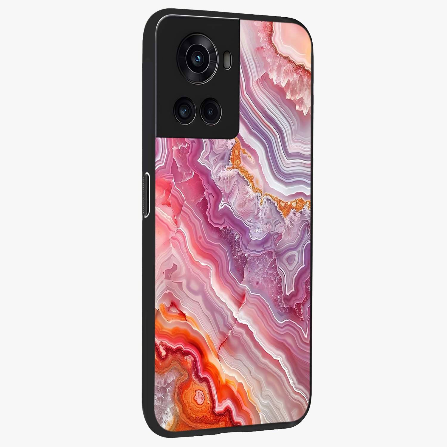 Rose Quartz Marble Glass Case for 1+10R side perspective highlighting refined marble textures and sleek premium build