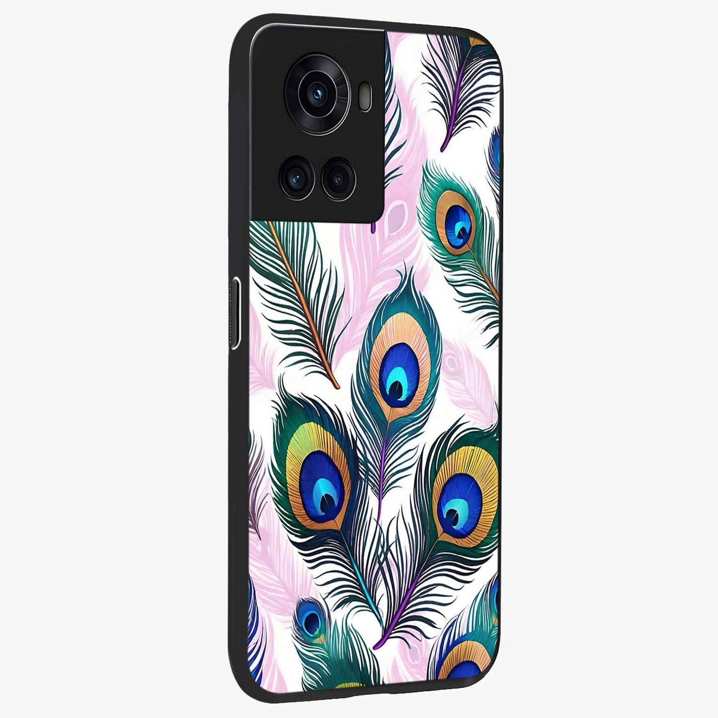 Royal Peacock Feathers Glass Case for 1+10R side perspective highlighting intricate plume textures and sleek premium build