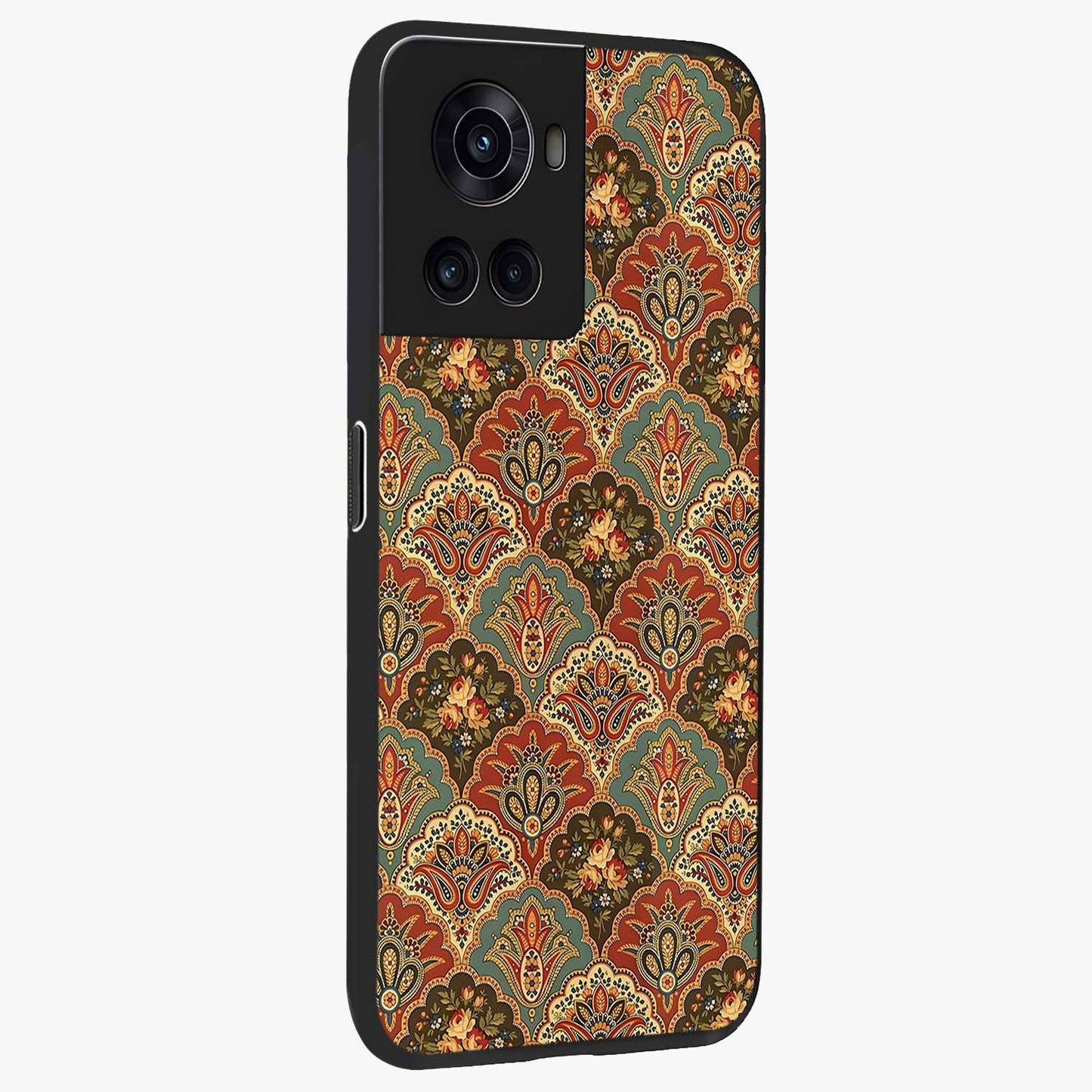 Royal Threadwork Glass Case for 1+10R side perspective highlighting detailed stitching textures and smooth premium build