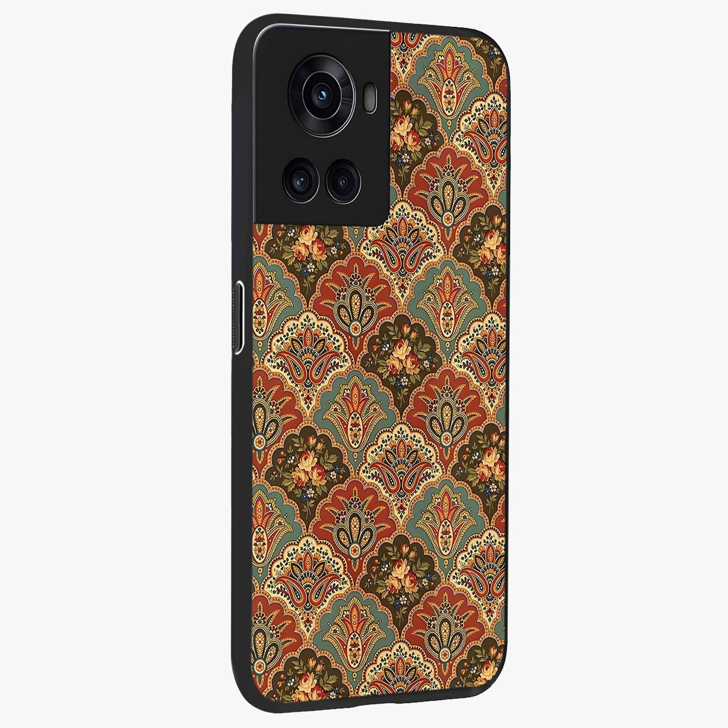 Royal Threadwork Glass Case for 1+10R side perspective highlighting detailed stitching textures and smooth premium build