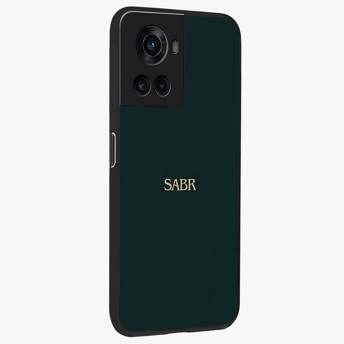 Sabr Minimal Patience Glass Case for 1+10R side perspective highlighting elegant text detailing and sleek build