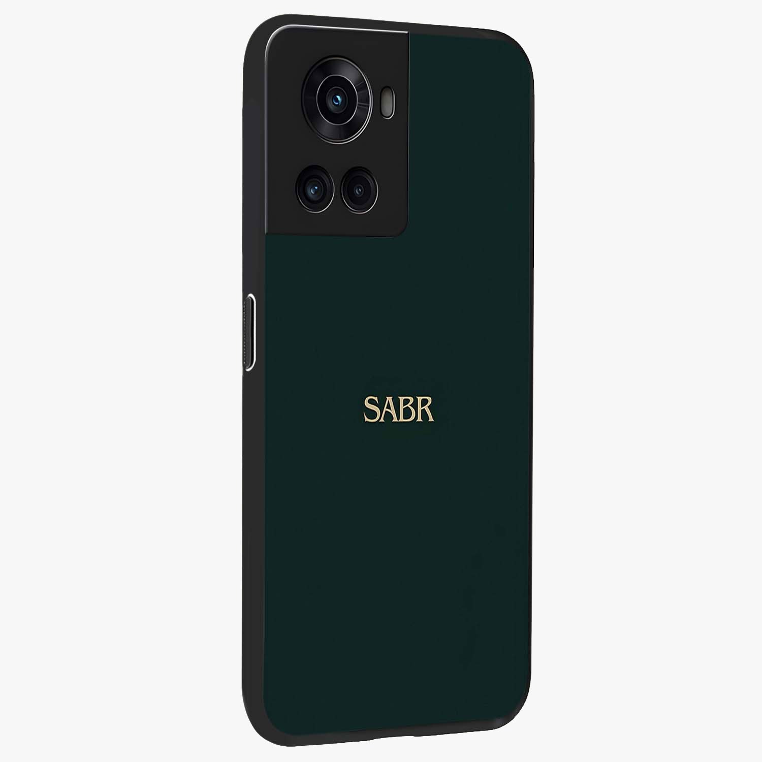 Sabr Minimal Patience Glass Case for 1+10R side perspective highlighting elegant text detailing and sleek build