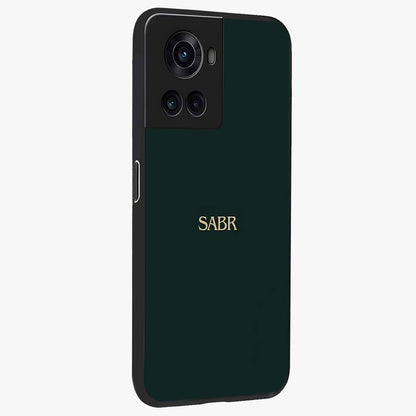 Sabr Minimal Patience Glass Case for 1+10R side perspective highlighting elegant text detailing and sleek build