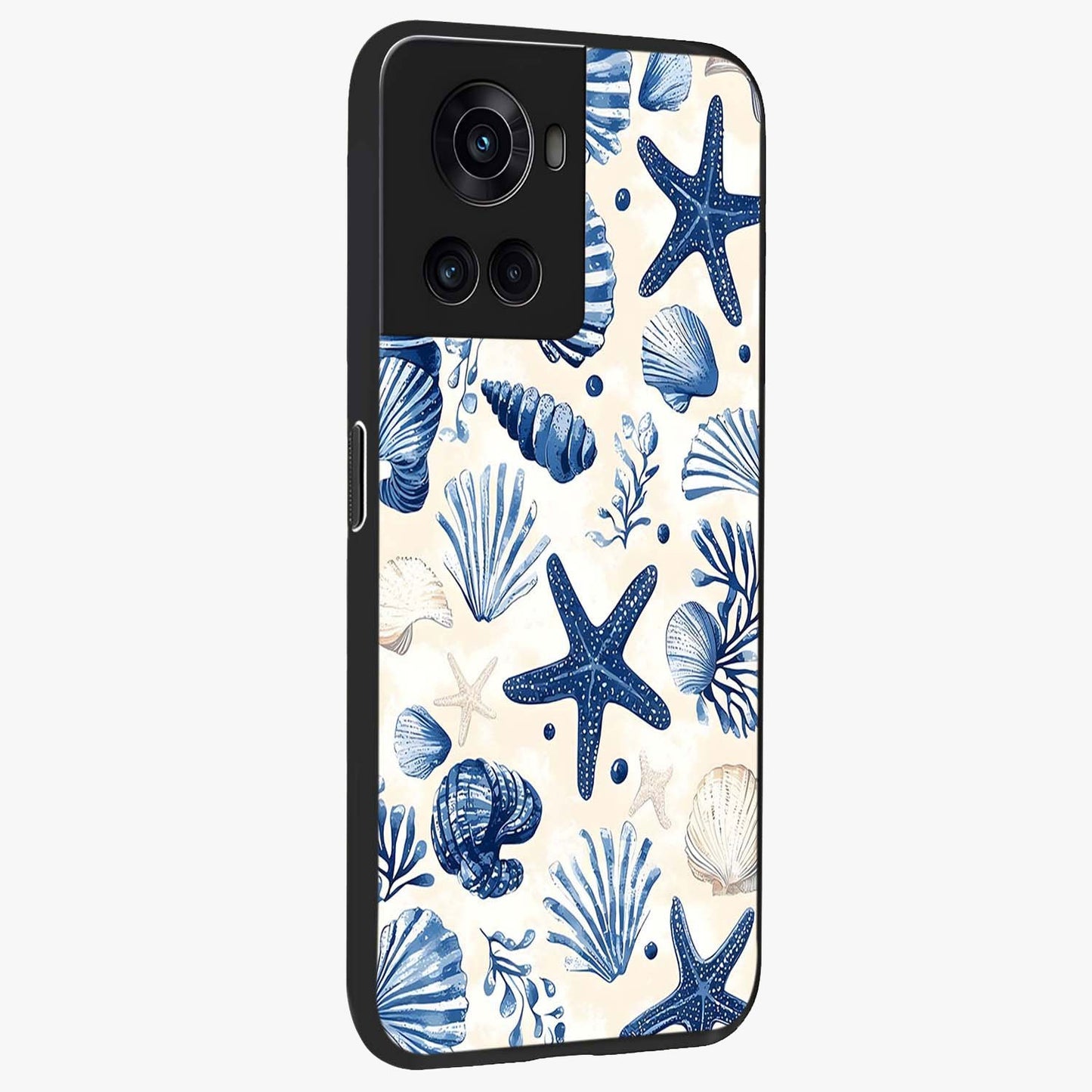 Seaside Starfish Magic Glass Case for 1+10R side perspective highlighting playful beach textures and sleek build