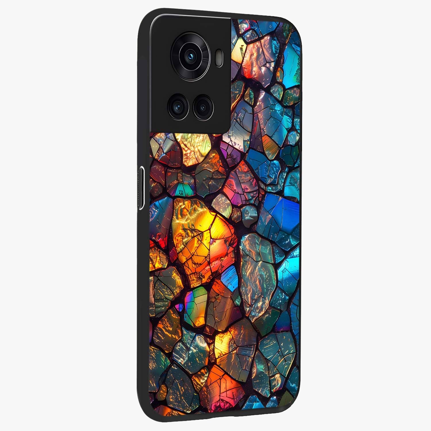 Shattered Light Glass Case for 1+10R side perspective highlighting dynamic textures and premium edges
